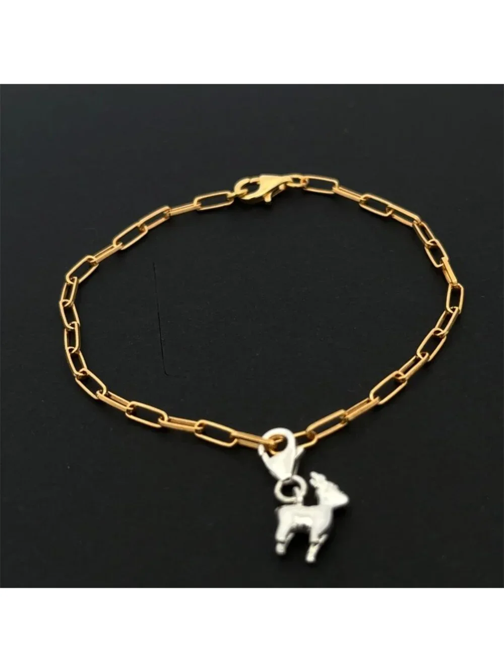 Gold Over 925 Sterling Silver Paperclip Chain Reindeer Charm Bracelet With Clasp